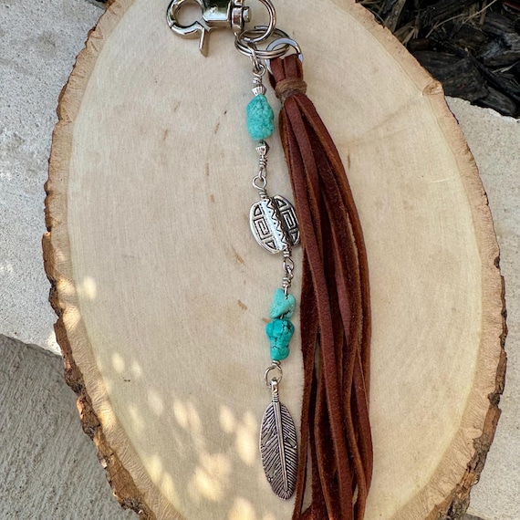 Tribal Oval & Feather Charm Purse Tassel , Raw Turquoise Pebble Stone Purse Tassel, Southwestern Tassel, Leather Handbag Accessory