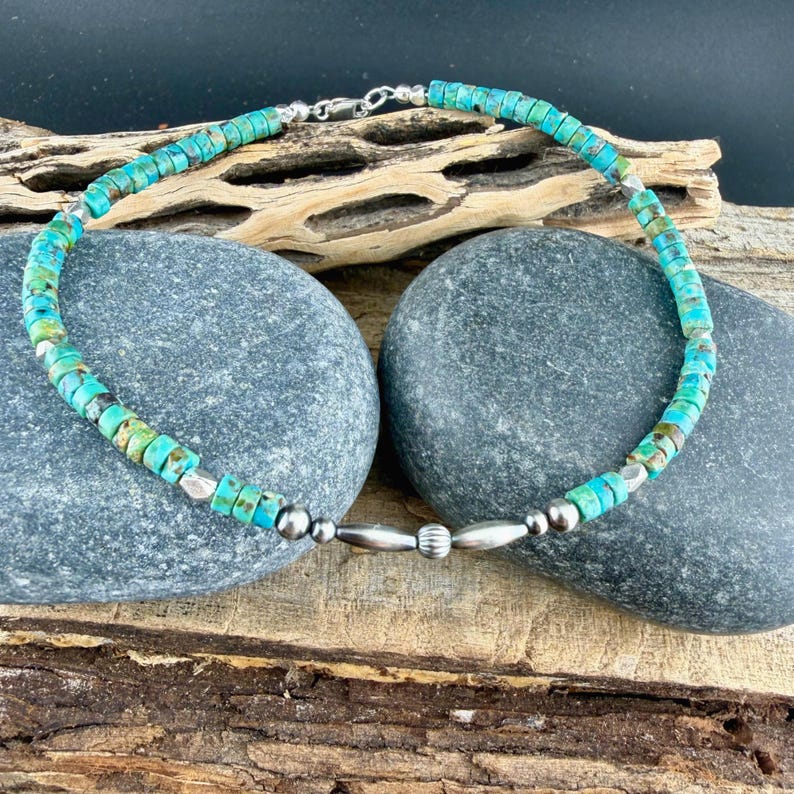 Sterling Silver Desert Pearl Anklet • Turquoise Heishi • Southwest Jewelry immagine 3