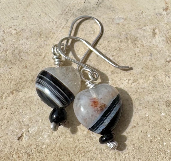 Black agate tuxedo gemstone earrings