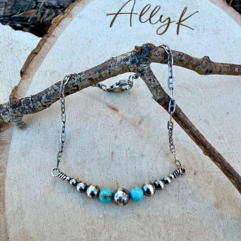 Bracelet chaîne barre graduée en perles du désert et turquoise | Élégance du sud-ouest en argent sterling Baby Blue Oxidized