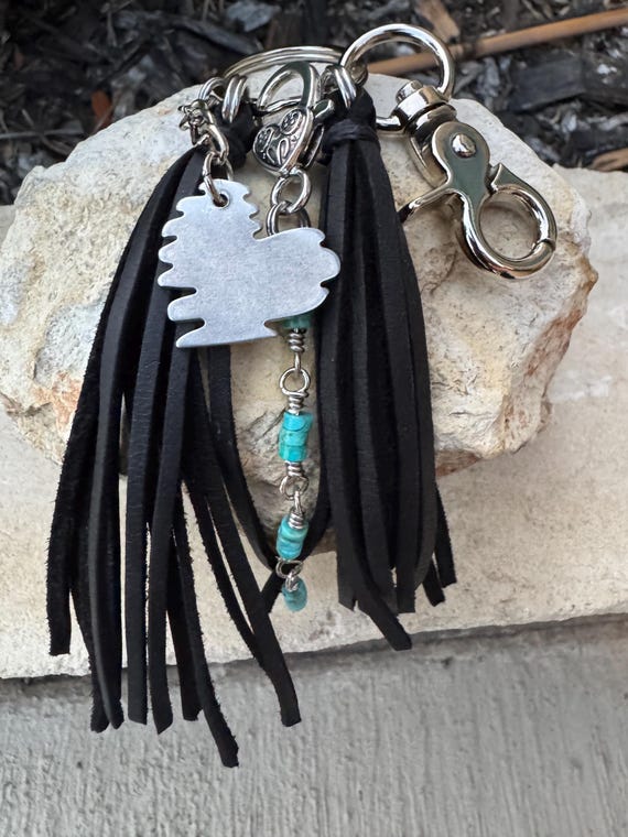 Turquoise keychain with black leather tassel / purse tassel