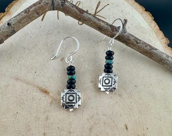 Turquoise & Black Onyx Earrings • 10mm Aztec Cross • Sterling Silver Ear Wires
