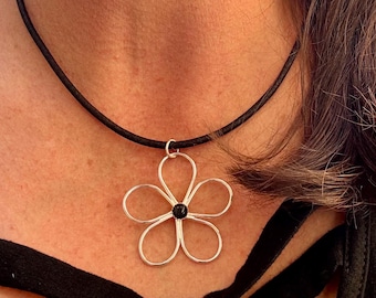 Handmade Sterling Silver Flower Black Onyx Pendant on Genuine Leather Necklace