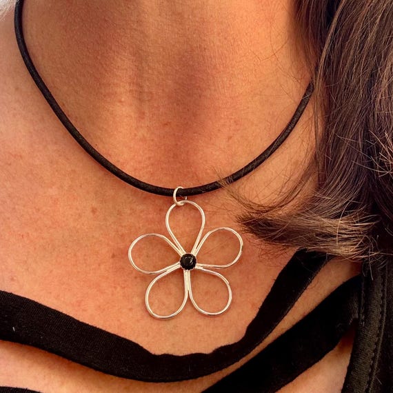 Handmade Sterling Silver Flower Black Onyx Pendant on Genuine Leather Necklace