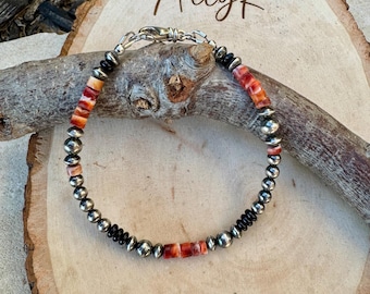 Spiny Oyster & Black Onyx Bracelet • Sterling Silver Desert Pearls • Southwestern Jewelry