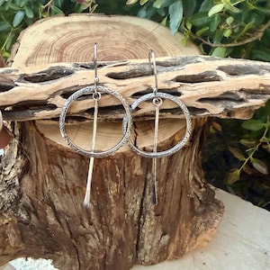 Rustic Sterling Silver Circle Dangle Earrings • Long Drop Style image 8