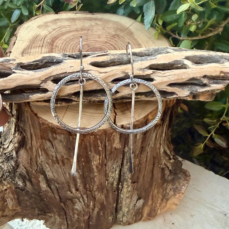 Rustic Sterling Silver Circle Dangle Earrings • Long Drop Style image 8