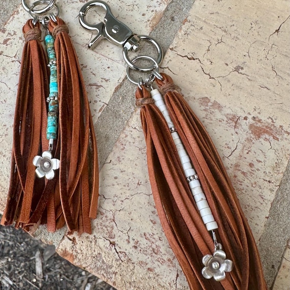 Turquoise and leather purse tassel / keychain handbag tassel