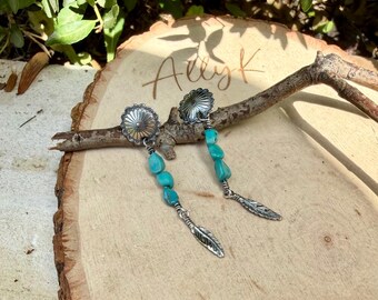 Scalloped Concho Turquoise Nugget Earrings • Sterling Silver • Feather Dangle