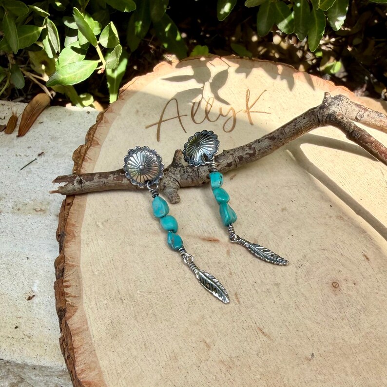 Scalloped Concho Turquoise Nugget Earrings • Sterling Silver • Feather Dangle image 1