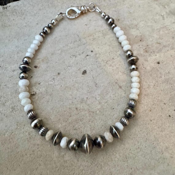 Navajo pearl, white turquoise gemstone bracelet / sterling silver beaded gemstone bracelet
