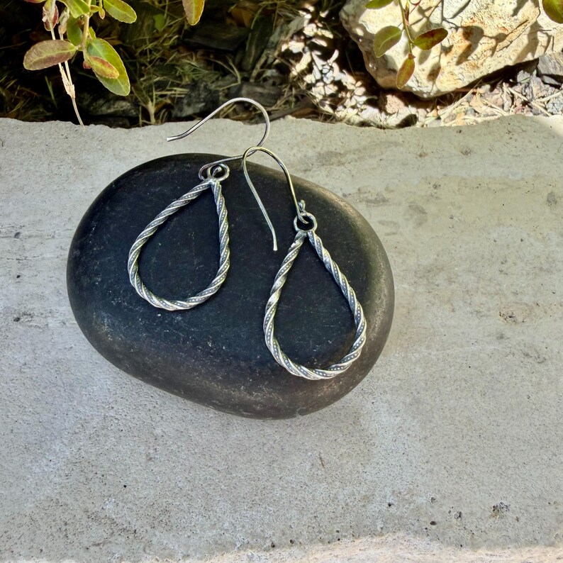 Sterling Silver Teardrop Drop Earrings – Rustic Twisted Wire Pattern image 8