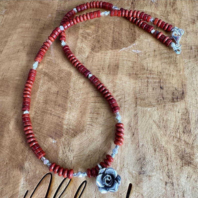 Red Jasper Necklace: Sterling Silver Rose Pendant, Gemstone Jewelry image 2