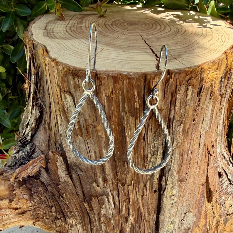 Sterling Silver Teardrop Drop Earrings – Rustic Twisted Wire Pattern image 1
