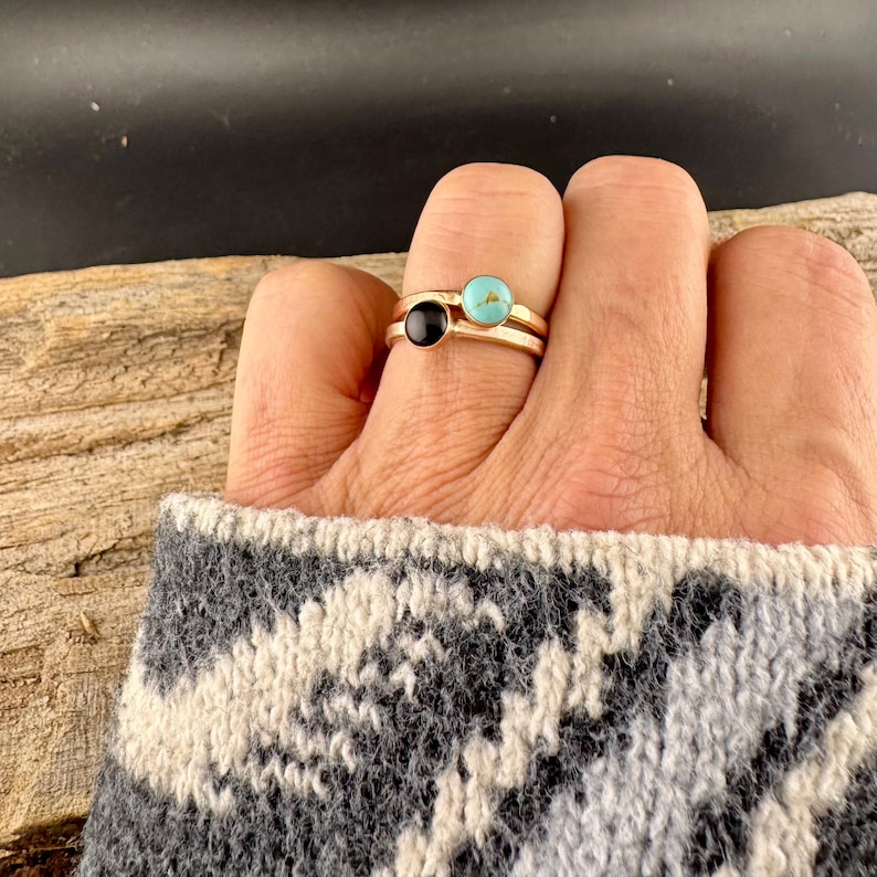 Handcrafted Embossed Brass Ring with Black Onyx or Turquoise Cabochon image 1