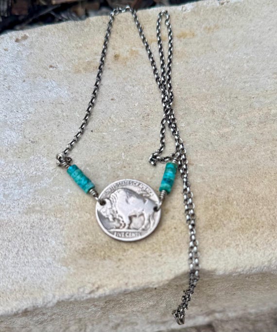 Indian head buffalo nickel on sterling silver oxidized Rolo chain with turquoise gemstone