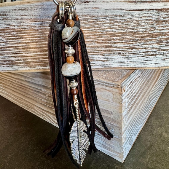 Leather Purse Tassel with Black Tuxedo Agate, Beaded Handbag Tassel, Gemstone Accessory, Unique Purse Charm, Leather Purse Charm