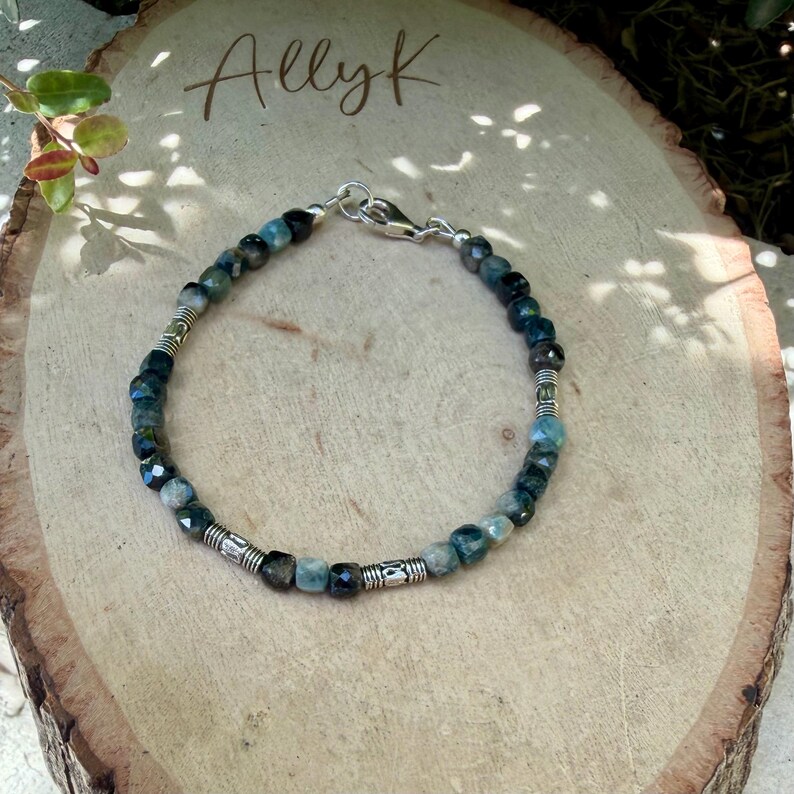 Blue Tourmaline Bracelet • 4mm Stones • Bali Silver Accents image 5