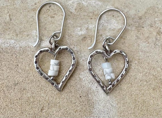 Silver Heart Dangle Earrings, White Howlite Stone, Gemstone Earrings, Sterling Silver Jewelry, Perfect Gift for Her