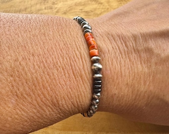 Desert Pearl Stretch Bracelet • Black Onyx & Spiny Oyster • Sterling Silver Southwestern Jewelry