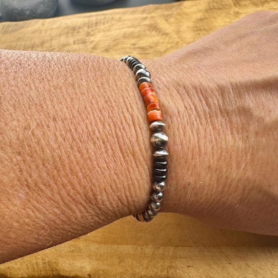 Stretch Navajo Pearl Bracelet with Onyx and Spiny Oyster Gemstones, Sterling Silver Beaded Gemstone Bracelet