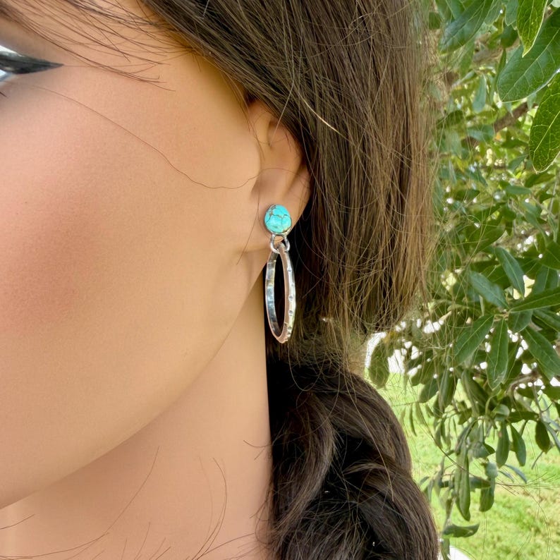 Sterling Silver Turquoise Hoop Post Earrings • 10x8mm Pear Number 8 Cabochon immagine 3