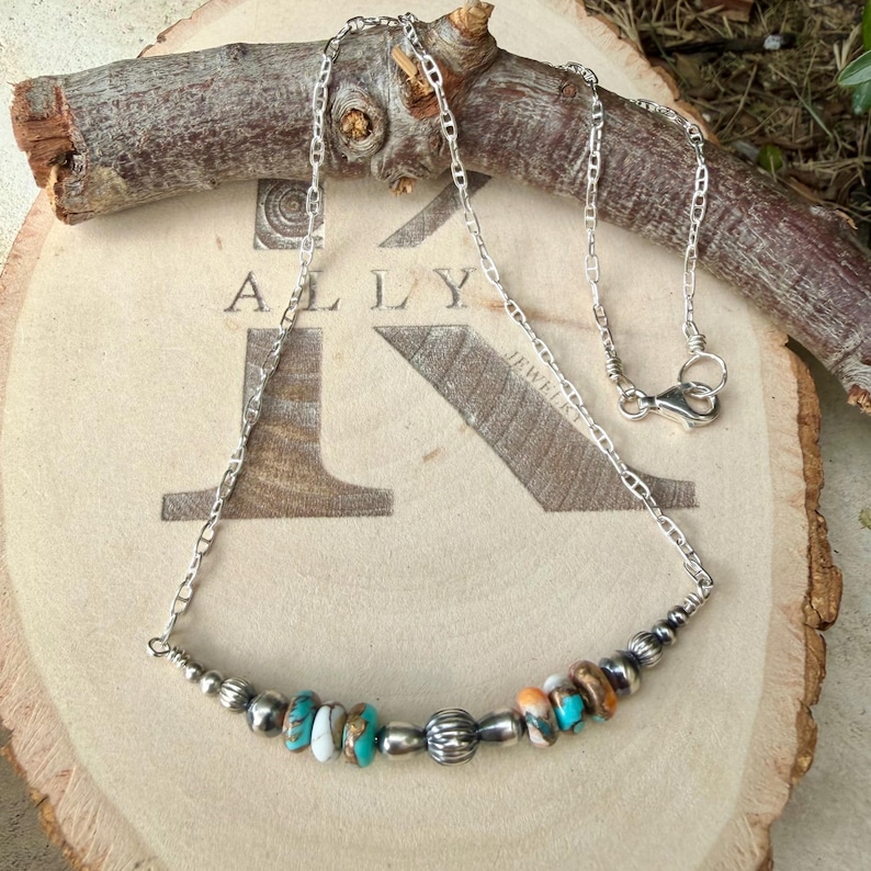 Spiny Oyster Turquoise Bar Necklace • Desert Pearls • Sterling Silver Southwest Necklace image 5