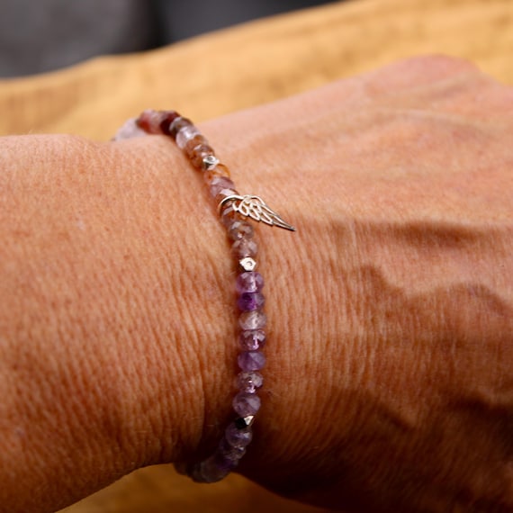 Stretch Auralite 23 Bracelet with Angel Wing Sterling Silver Charm, Cacoxenite Gemstone Bracelet, Rare Beaded Gemstone Bracelet Jewelry