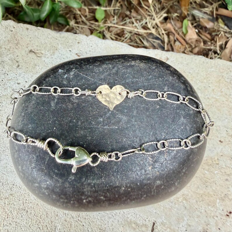 Mixed‑Metal Heart Bracelet • 14k Gold‑Filled Heart • Sterling Silver Chain • Dainty Jewelry image 9
