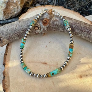 Sterling Silver Desert Pearl Bracelet with Kingman Turquoise • Southwestern Boho Style