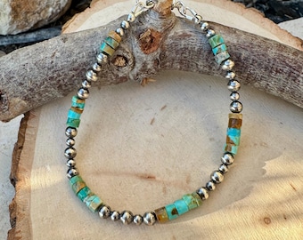 Sterling Silver Desert Pearl Bracelet with Kingman Turquoise • Southwestern Boho Style