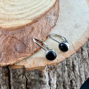 Sterling Silver Lever Back Black Onyx Earrings • 6mm Round Cabochon • Minimalist Style image 7