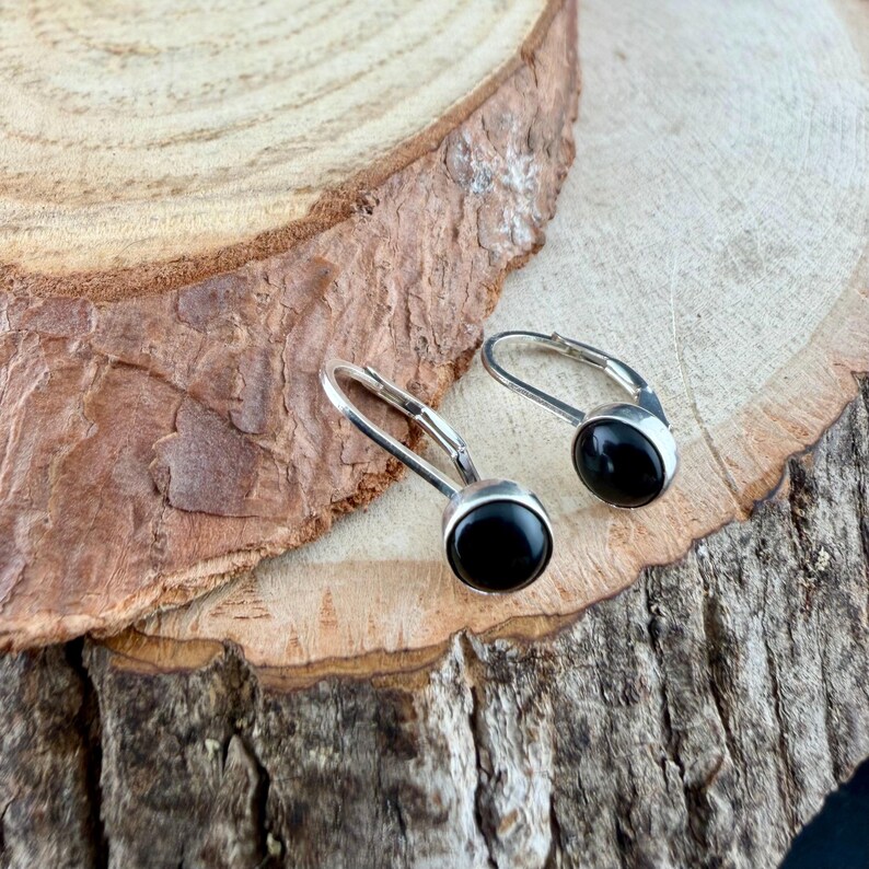 Sterling Silver Lever Back Black Onyx Earrings • 6mm Round Cabochon • Minimalist Style image 7