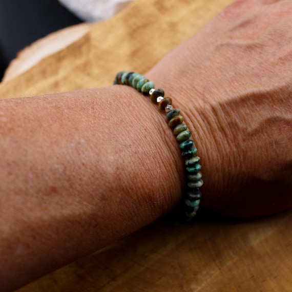 Stretch African Turquoise Sterling Silver Bracelet, Natural Gemstone Jewelry, Handmade Bracelet, Stretch Beaded Bracelet