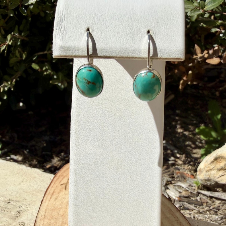May include: A pair of turquoise earrings with a silver-colored metal setting. The earrings have a round, polished turquoise stone and a simple hook closure. The earrings are displayed on a white stand.