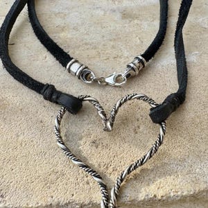 Twisted Wire Sterling Silver Heart Pendant Necklace, Deerskin Leather, Heart Jewelry, Sterling Silver Leather Necklace, Women's Accessory