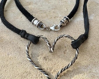 Handcrafted Twisted Sterling Silver Heart Necklace on Deerskin Leather Lace
