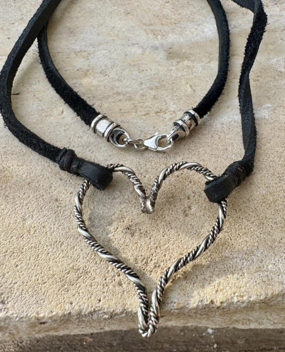 Twisted Wire Sterling Silver Heart Pendant Necklace, Deerskin Leather, Heart Jewelry, Sterling Silver Leather Necklace, Women's Accessory