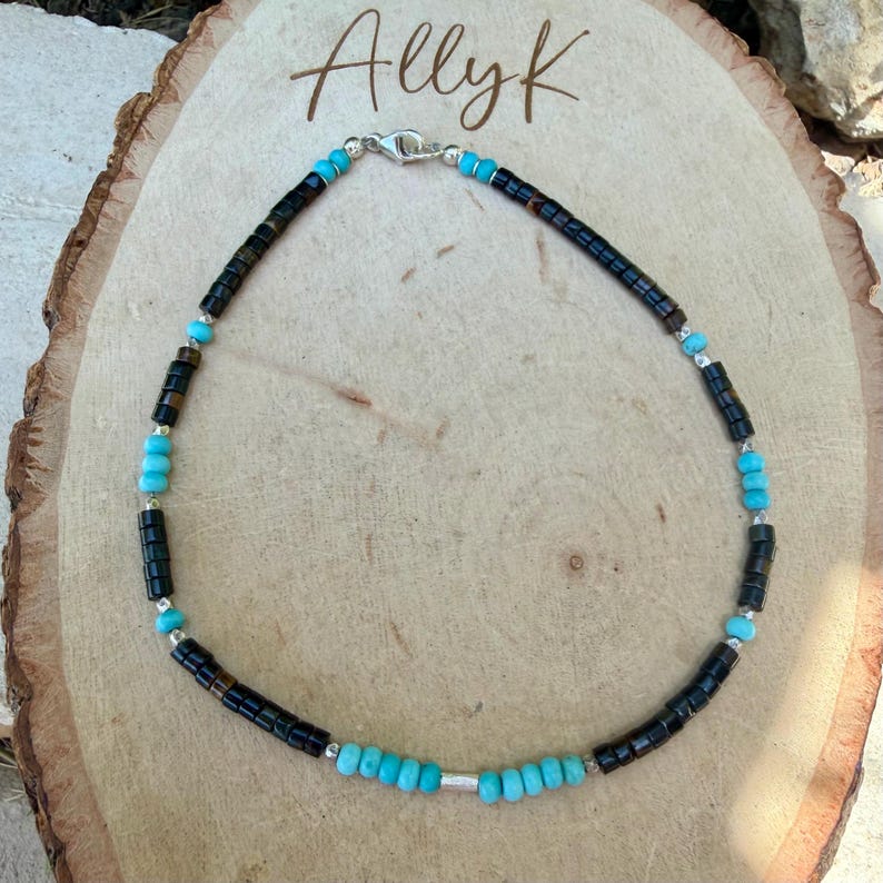 Blue Tiger’s Eye Turquoise Anklet • Sterling Silver Hawk’s Eye Ankle Bracelet image 7