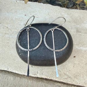 Rustic Sterling Silver Circle Dangle Earrings • Long Drop Style image 6