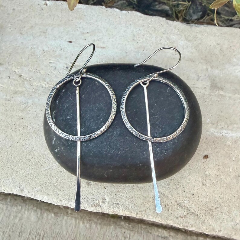 Rustic Sterling Silver Circle Dangle Earrings • Long Drop Style image 6