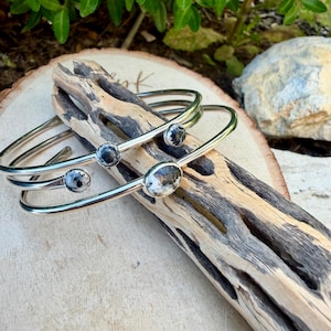 May include: Two silver-toned metal bangles with oval and round black and white speckled stones. The bracelets are displayed on a piece of driftwood, showcasing their design. The background includes greenery and a light-colored stone.
