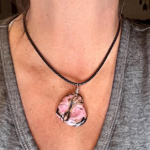 Pink Rhodonite Heart Pendant Leather Necklace - Handcrafted Natural Stone Jewelry
