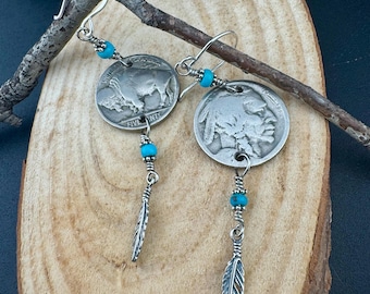 Buffalo Nickel Feather Drop Earrings with Turquoise | Sterling Silver Southwestern Style