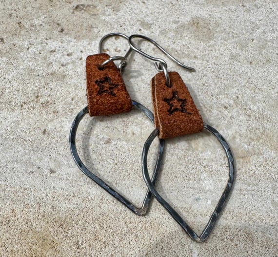 Leather earrings teardrop style earrings with etched burnt star design/ genuine suede leather earrings