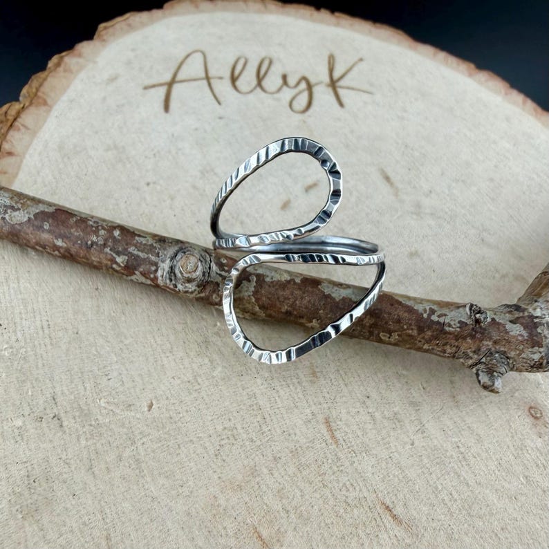 Sterling Loop Ring • Double Loop • Rustic Textured Adjustable Openwork Band image 1