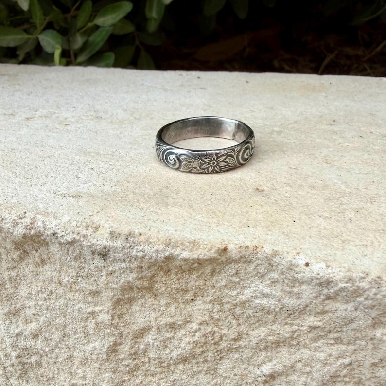 Sterling Silver Daisy Band Ring | Wide Band Elegance image 7