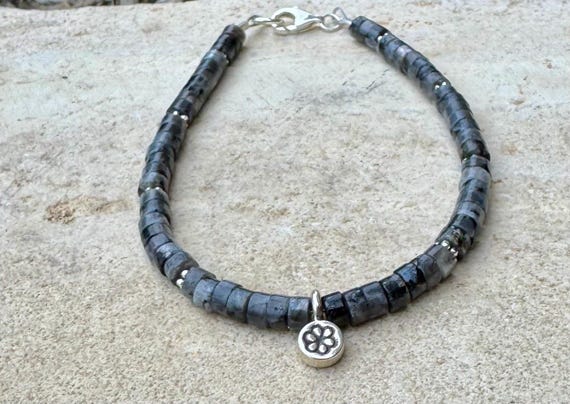 Larvikite Bracelet, Black Labradorite Bracelet, Silver Beaded Gemstone Bracelet, Protection Bracelet, Gift For Her