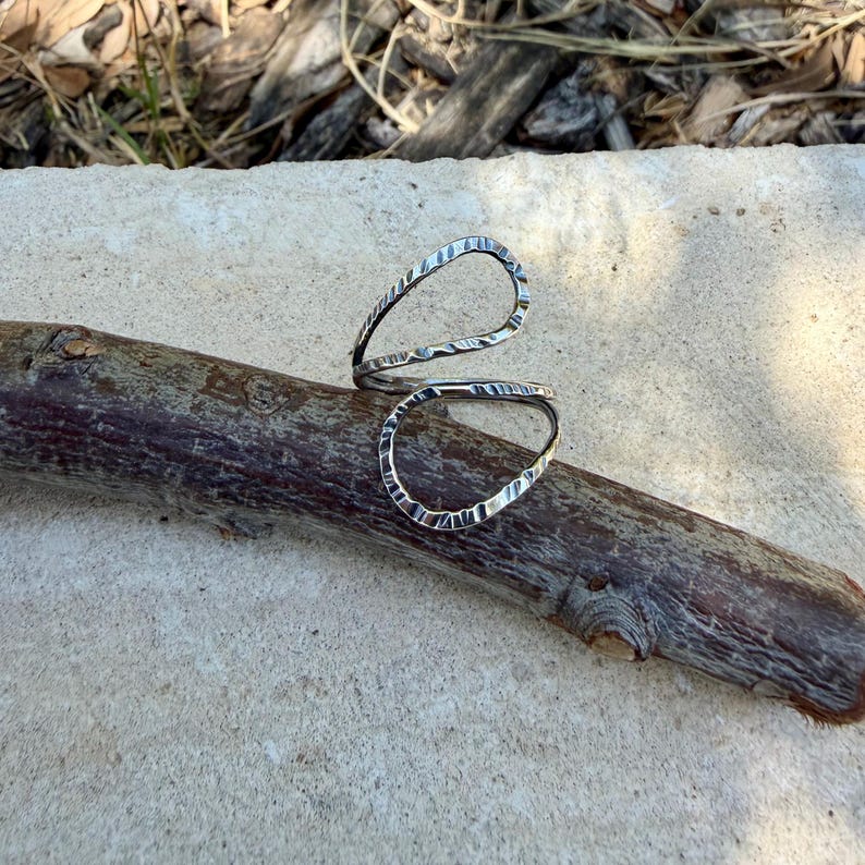 Sterling Loop Ring • Double Loop • Rustic Textured Adjustable Openwork Band image 6