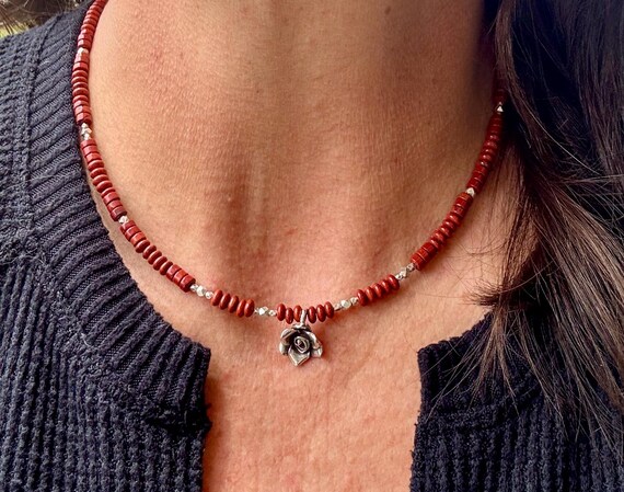 Red Creek Jasper Gemstone Necklace, Rose Flower Pendant, Sterling Silver Spacers, Gemstone Jewelry, Gift for Her